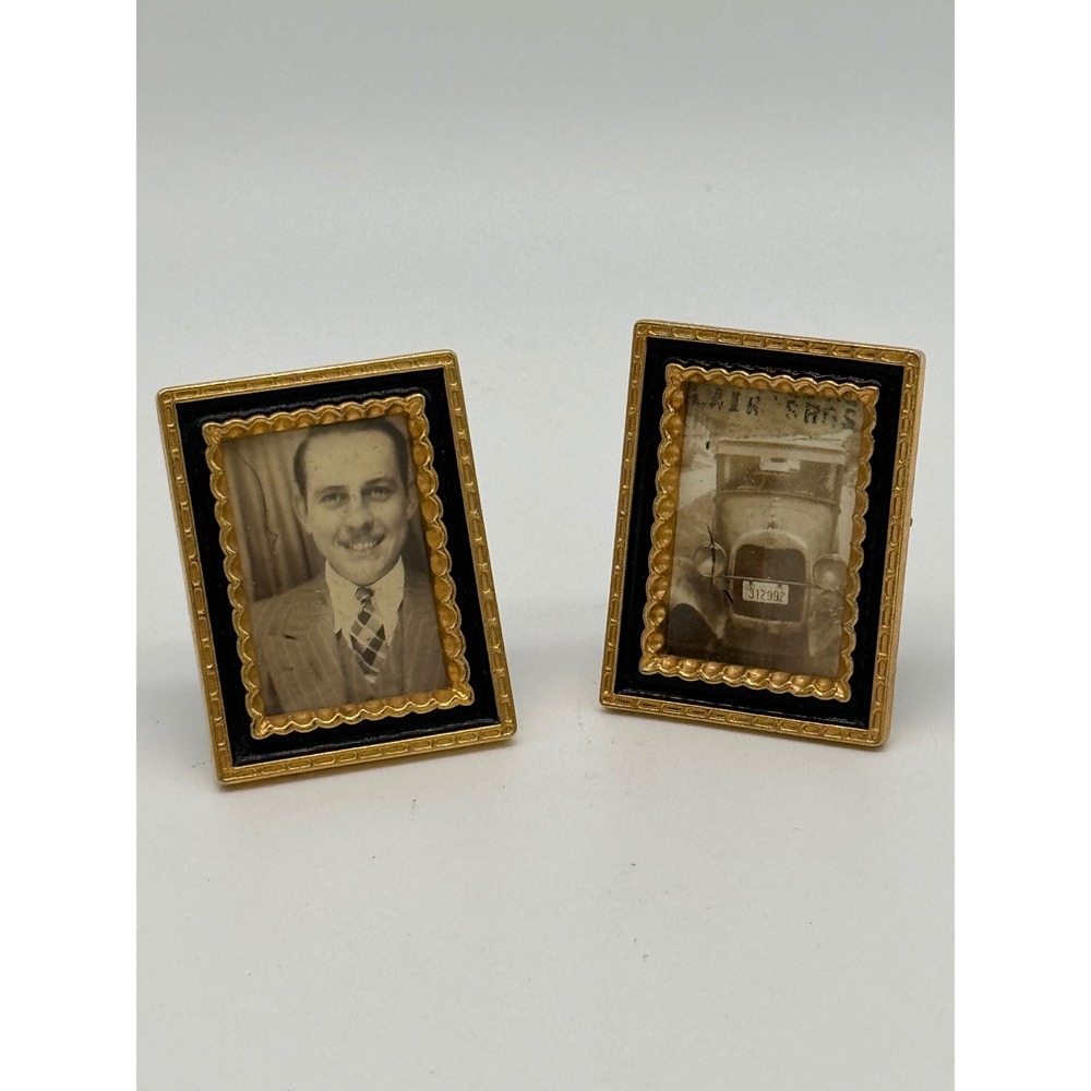 Vintage 80s Mini Picture Frames Black Enamel Gold Scalloped Desk Decor Pair